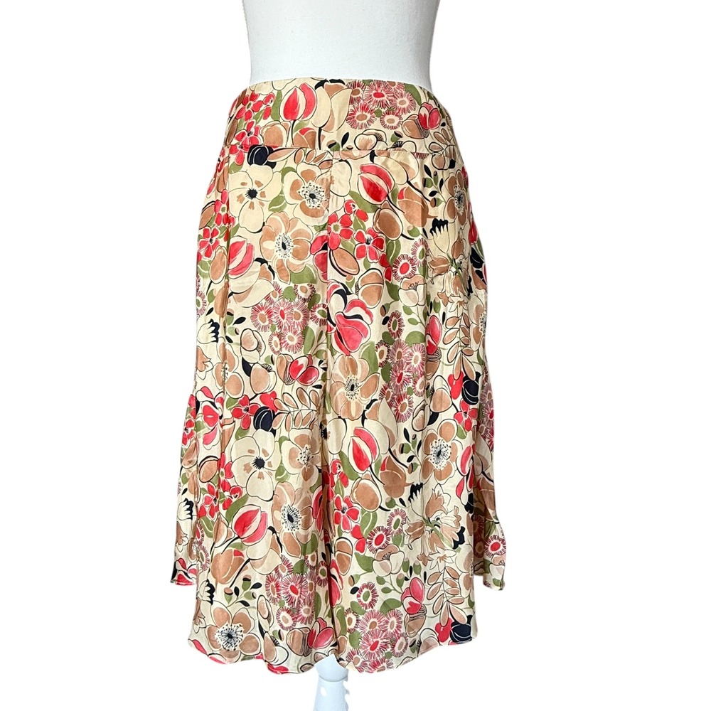 Shin Choi 100% Silk Floral Midi Skirt‎ Size 4 Cream Coral Botanical Made in USA